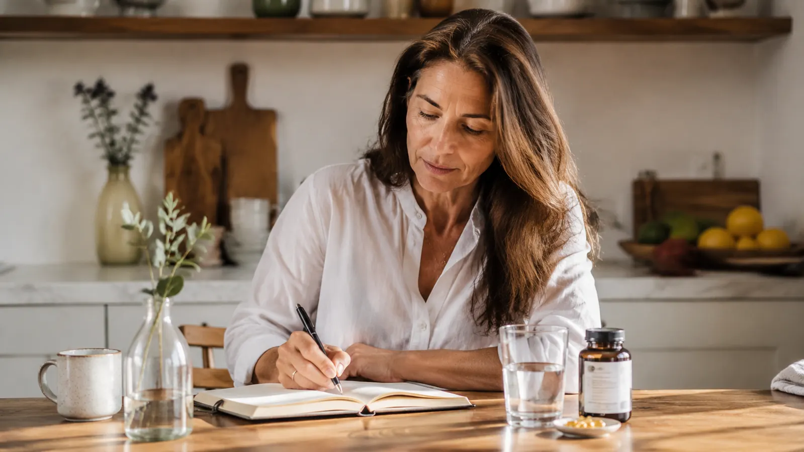 Woman at a kitchen table writing in a supplement journal with a glass of water and turmeric capsules visible beside her notebook
