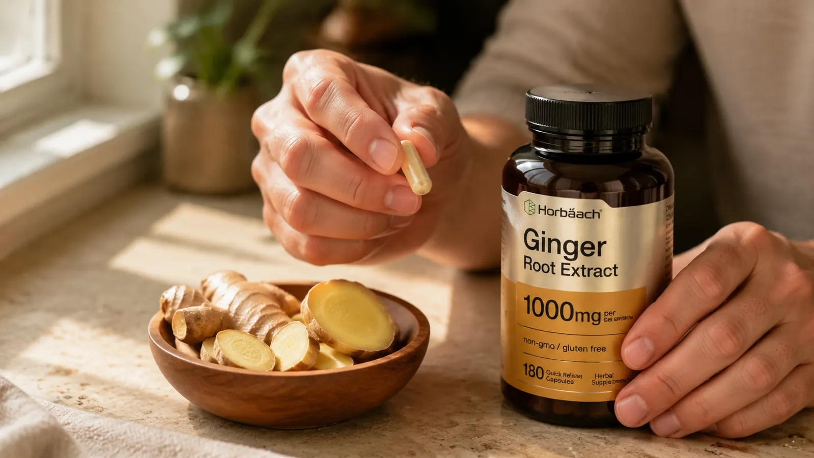Hand holding a ginger root extract capsule between thumb and forefinger over a wooden bowl of sliced ginger