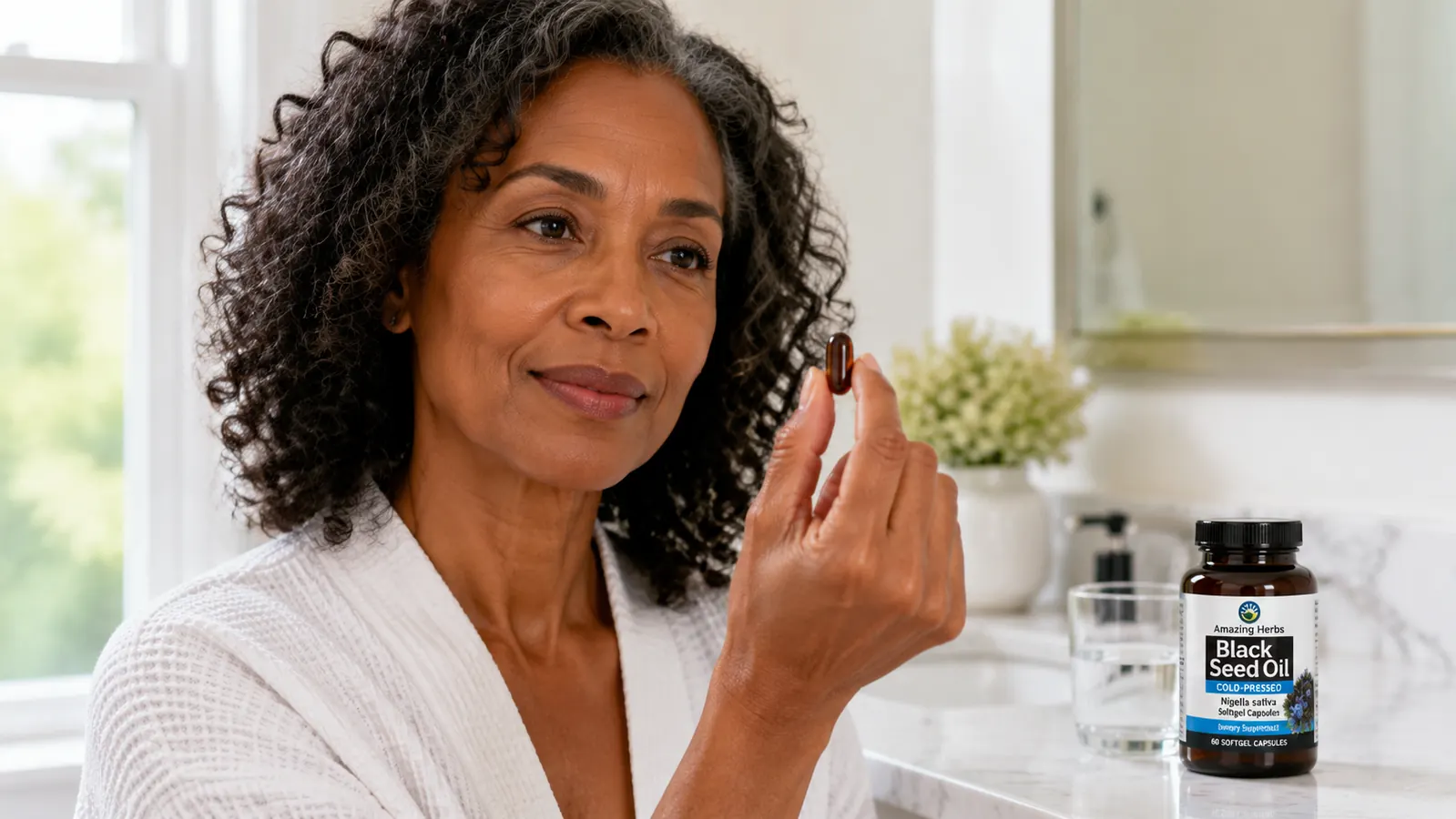 Hand holding an Amazing Herbs Black Seed Oil capsule over a glass of water on a white marble surface