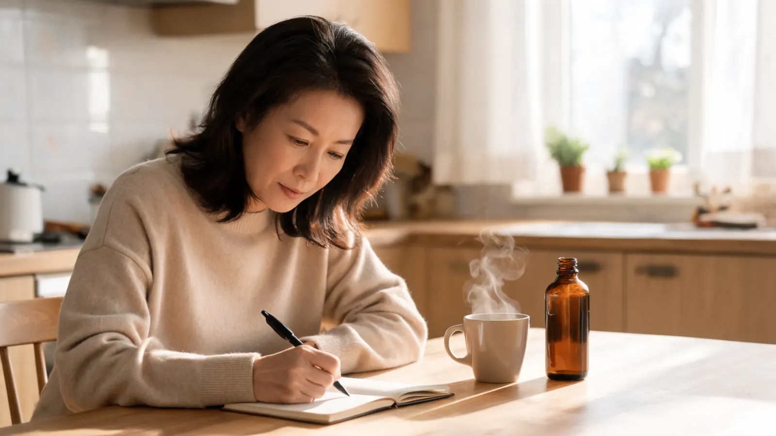 Woman at a kitchen table writing in a wellness journal beside a cup of herbal tea and a supplement bottle