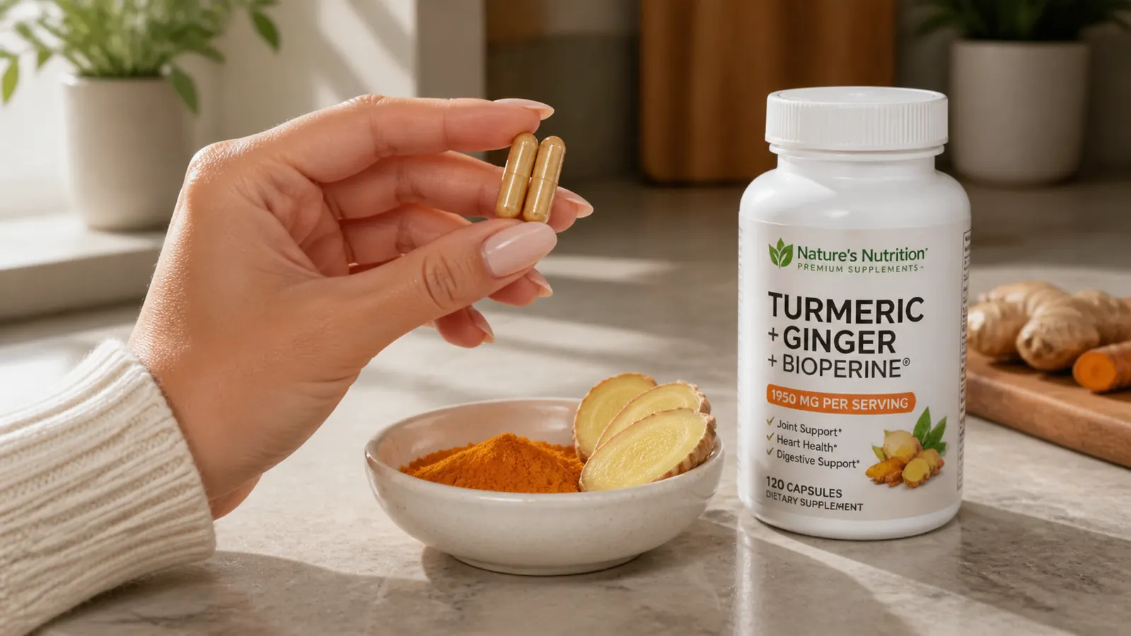Hand holding two capsules over a small ceramic bowl of turmeric powder and sliced ginger root
