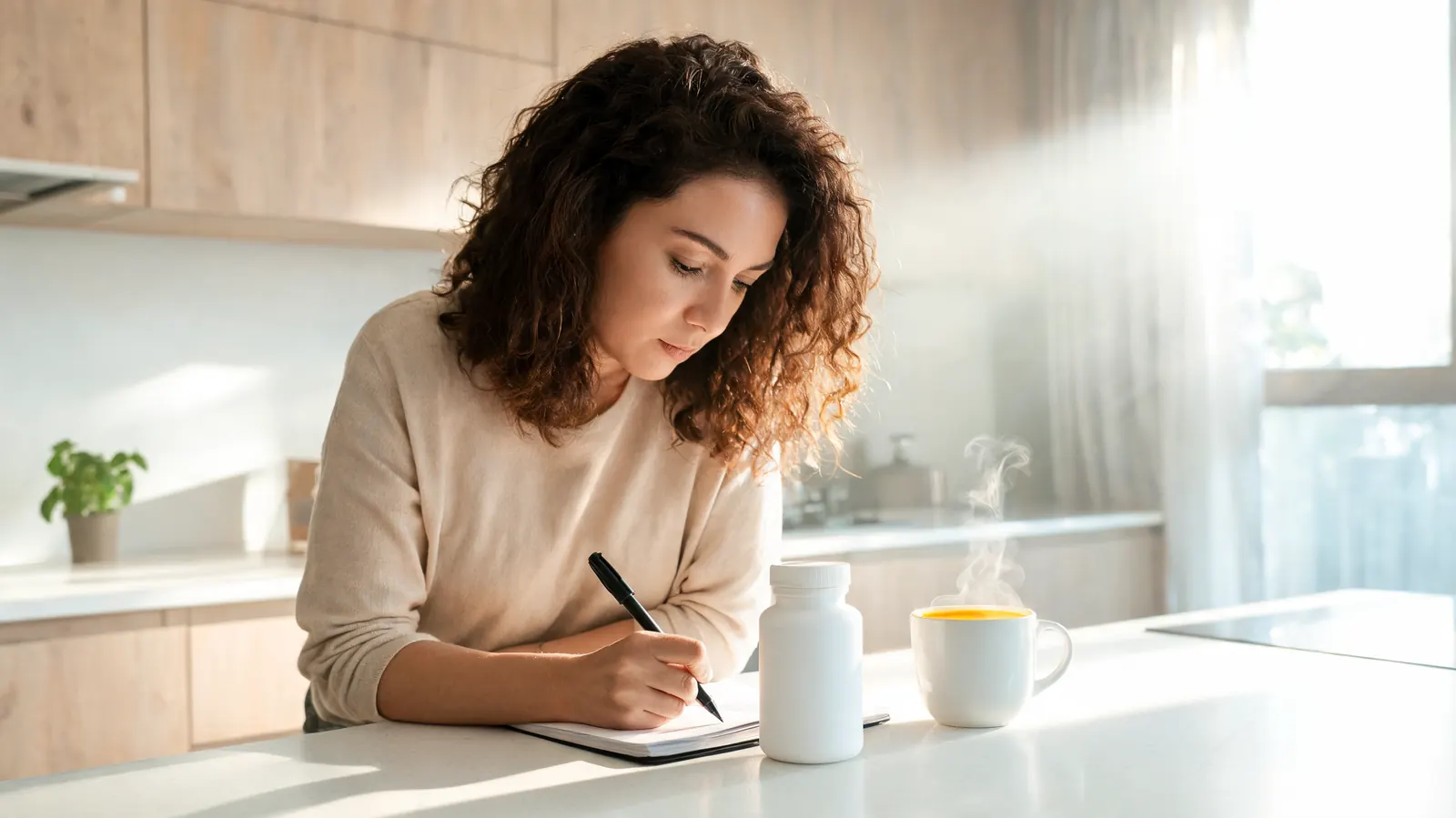 Woman at a kitchen counter writing in a notebook next to a supplement bottle and a cup of ginger tea
