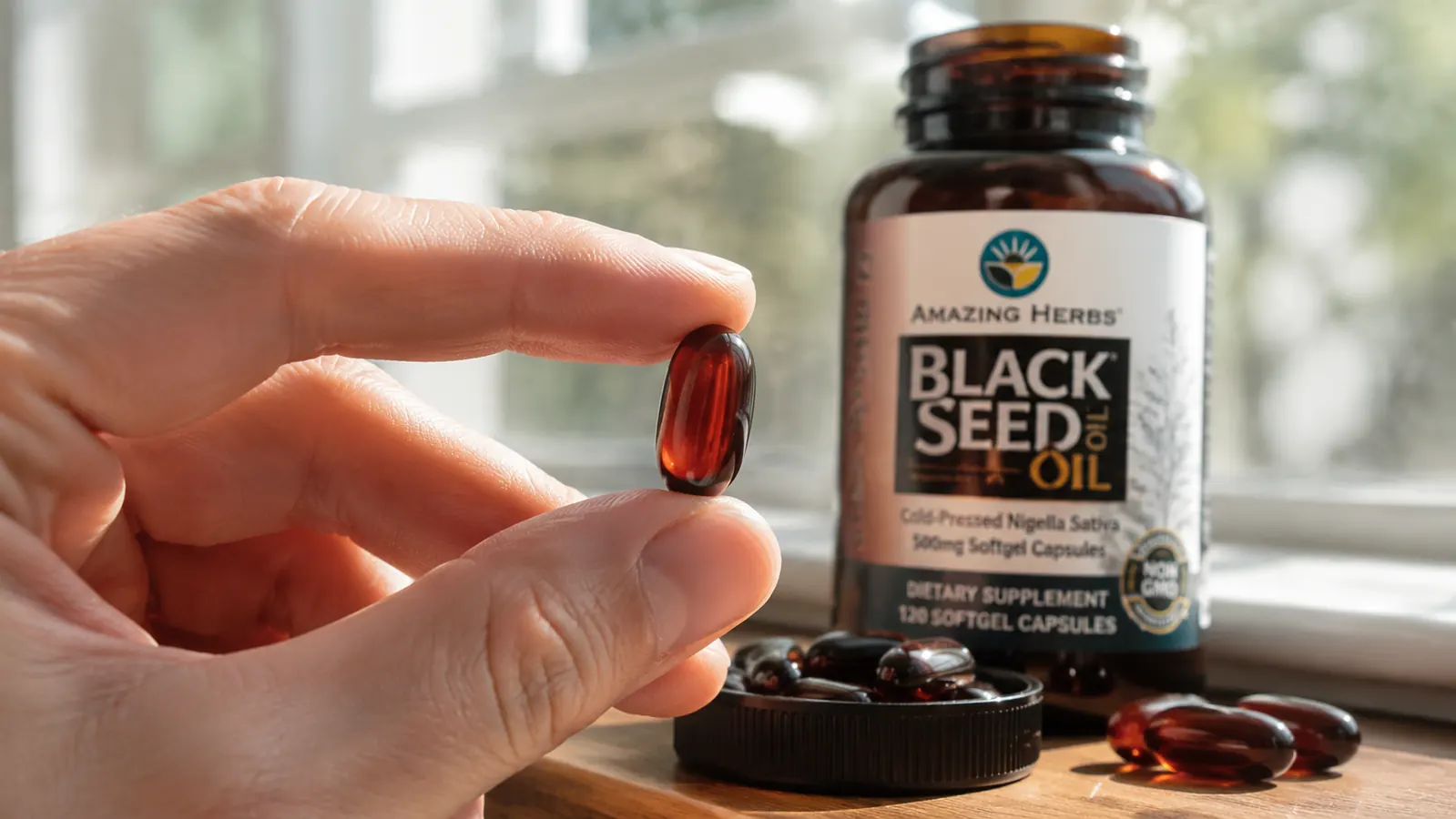 Hand holding a softgel capsule up to light, showing the dark amber oil inside