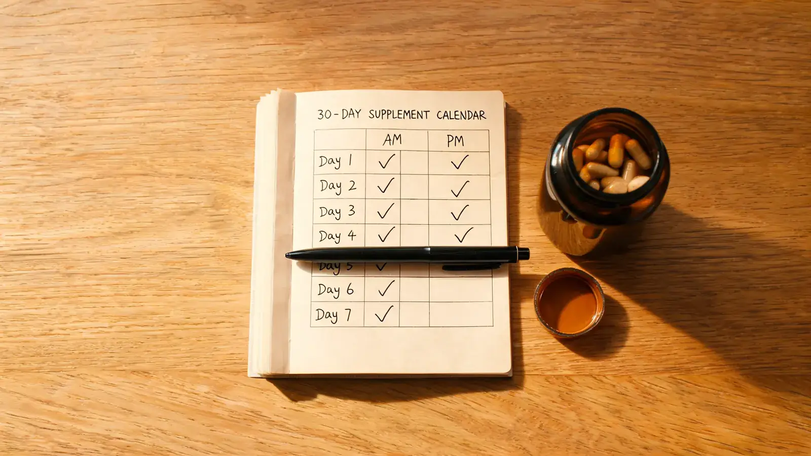 Open supplement bottle next to a handwritten 30-day tracking calendar with notes in the margins
