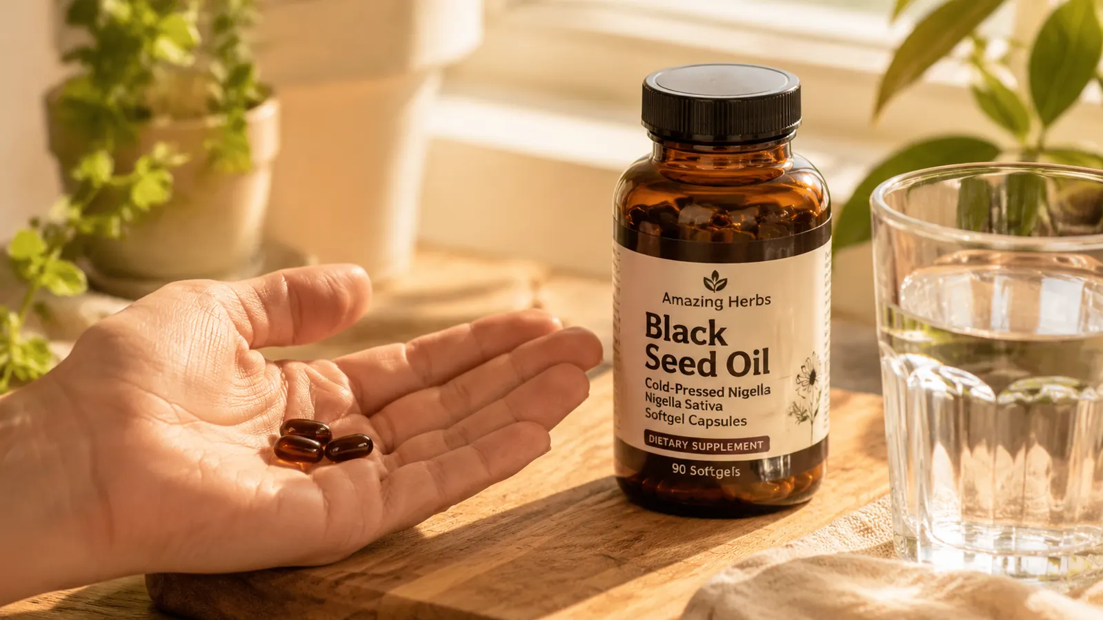 Close-up of Amazing Herbs Black Seed Oil softgel capsules poured into a palm next to a glass of water on a wooden surface