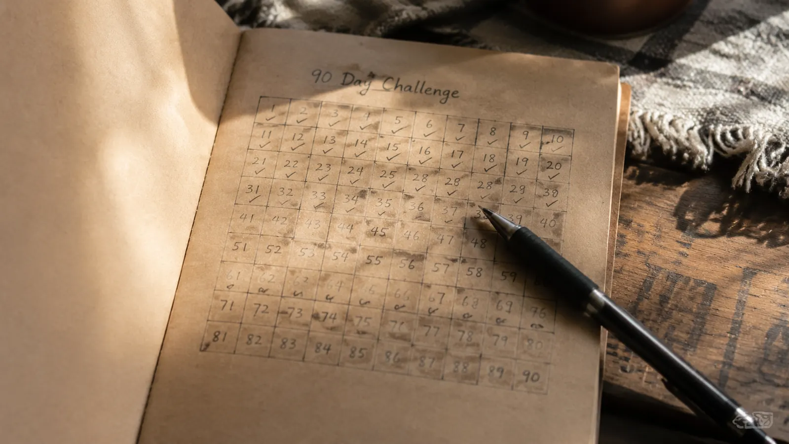 Open handwritten journal showing a 90-day supplement tracking grid with check marks and brief daily notes