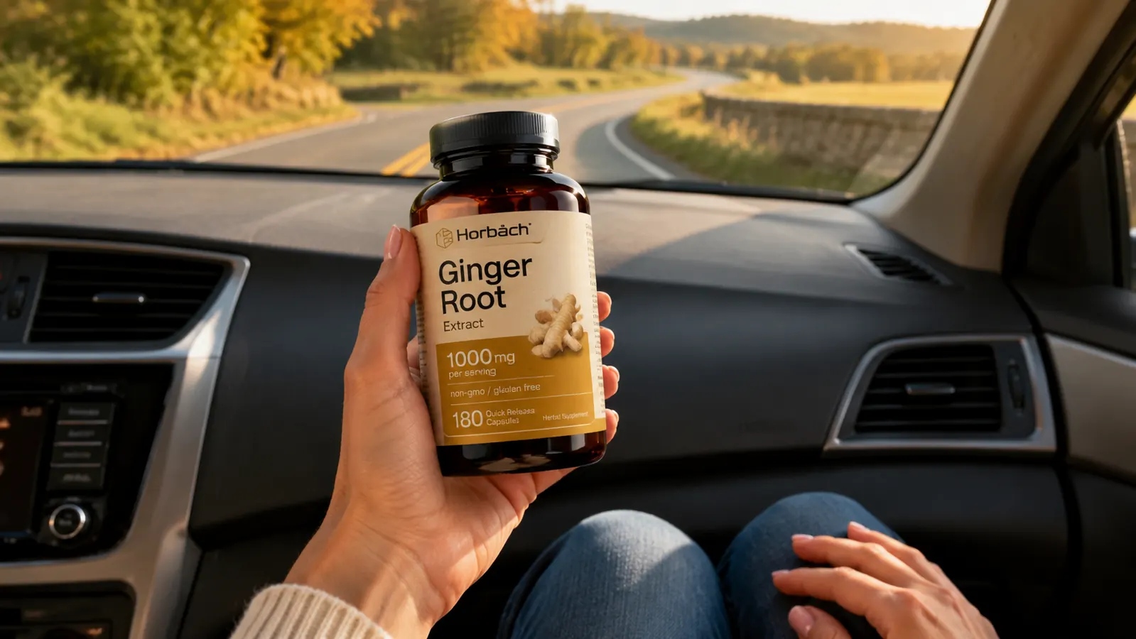 Hand holding a Horbaach Ginger Root Extract capsule bottle, road visible through a car windshield in the background
