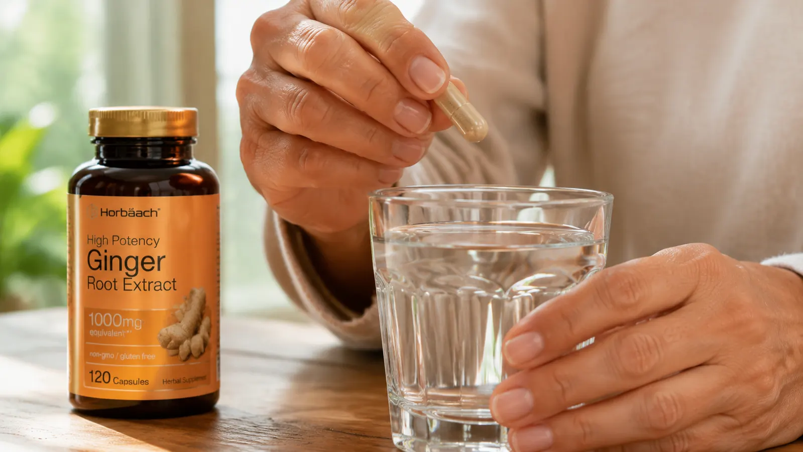 Hand holding a single ginger root extract capsule above a glass of water, supplement bottle visible in background