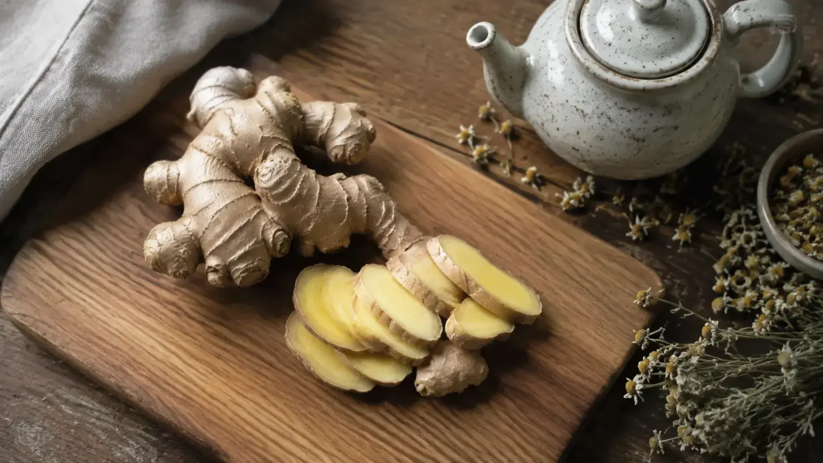 Fresh ginger root sliced on a cutting board beside a steeping teapot