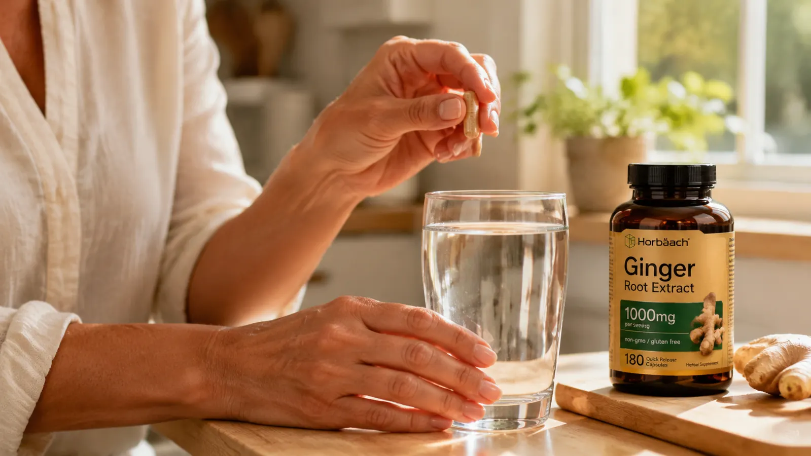 Hand holding a single ginger root extract capsule between thumb and forefinger above a glass of water on a kitchen counter