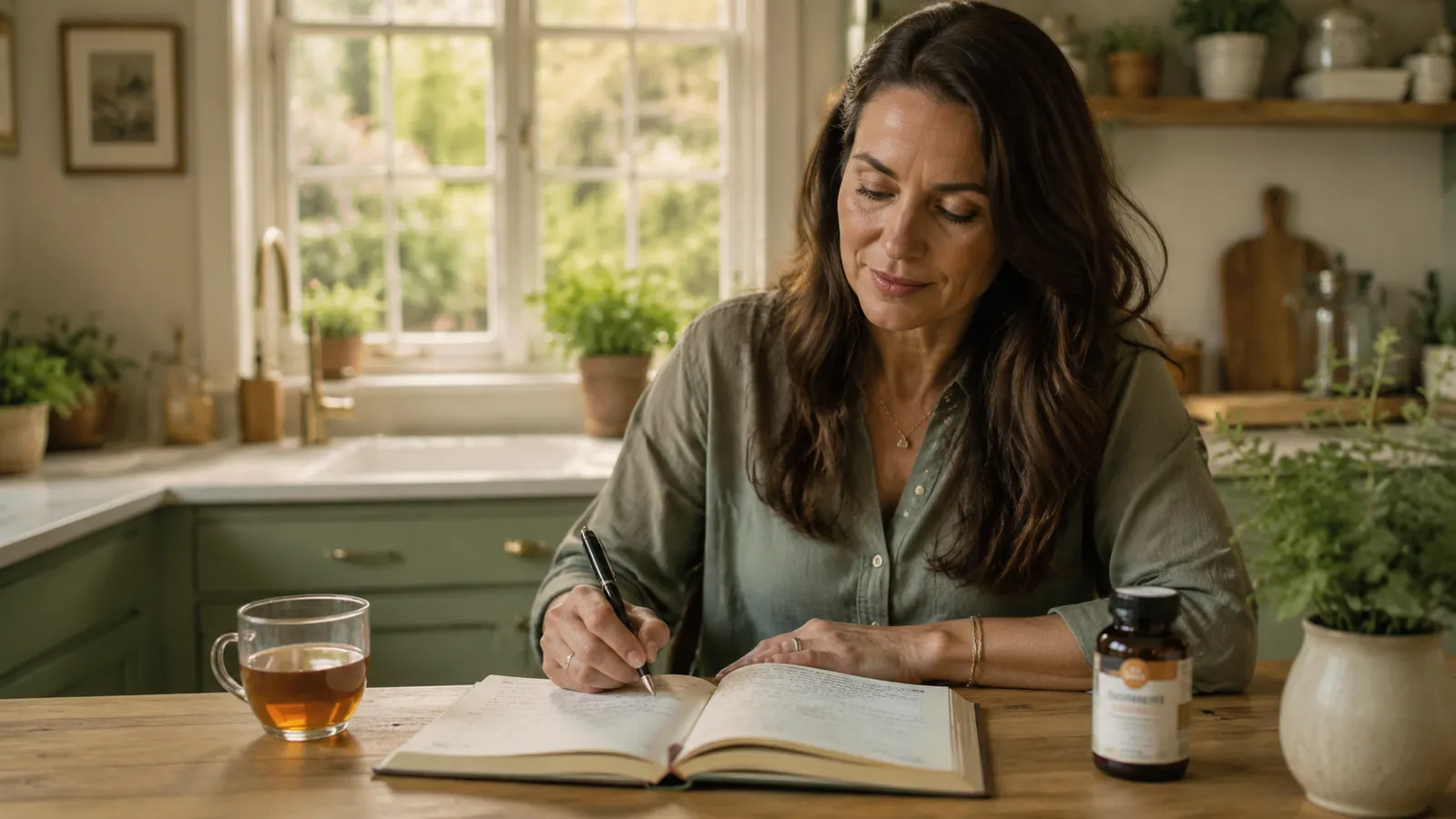 Woman sitting at a kitchen table with a cup of ginger tea and an open supplement bottle, looking relaxed in morning light