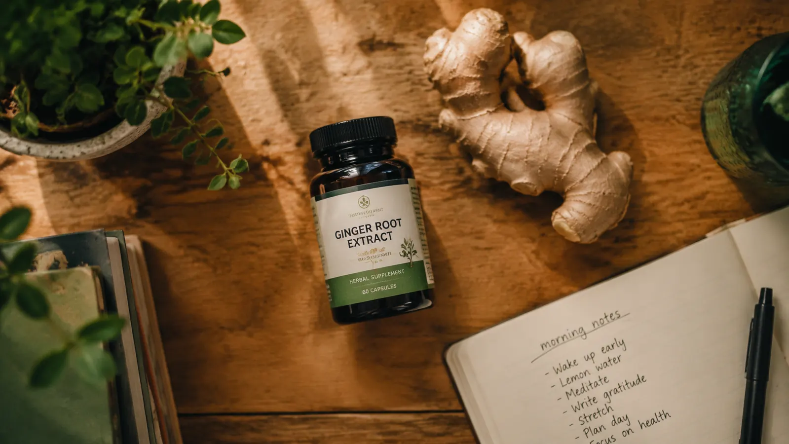 Amber glass bottle of ginger root extract capsules resting on a worn wooden kitchen table beside a fresh ginger root and an open research notebook