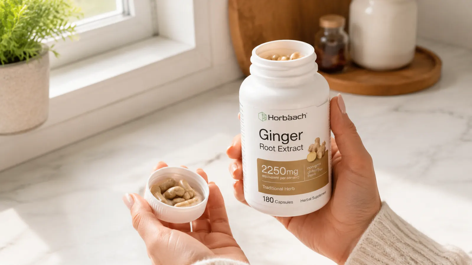 Hand holding an open supplement bottle with capsules visible inside, label facing the camera against a white kitchen counter