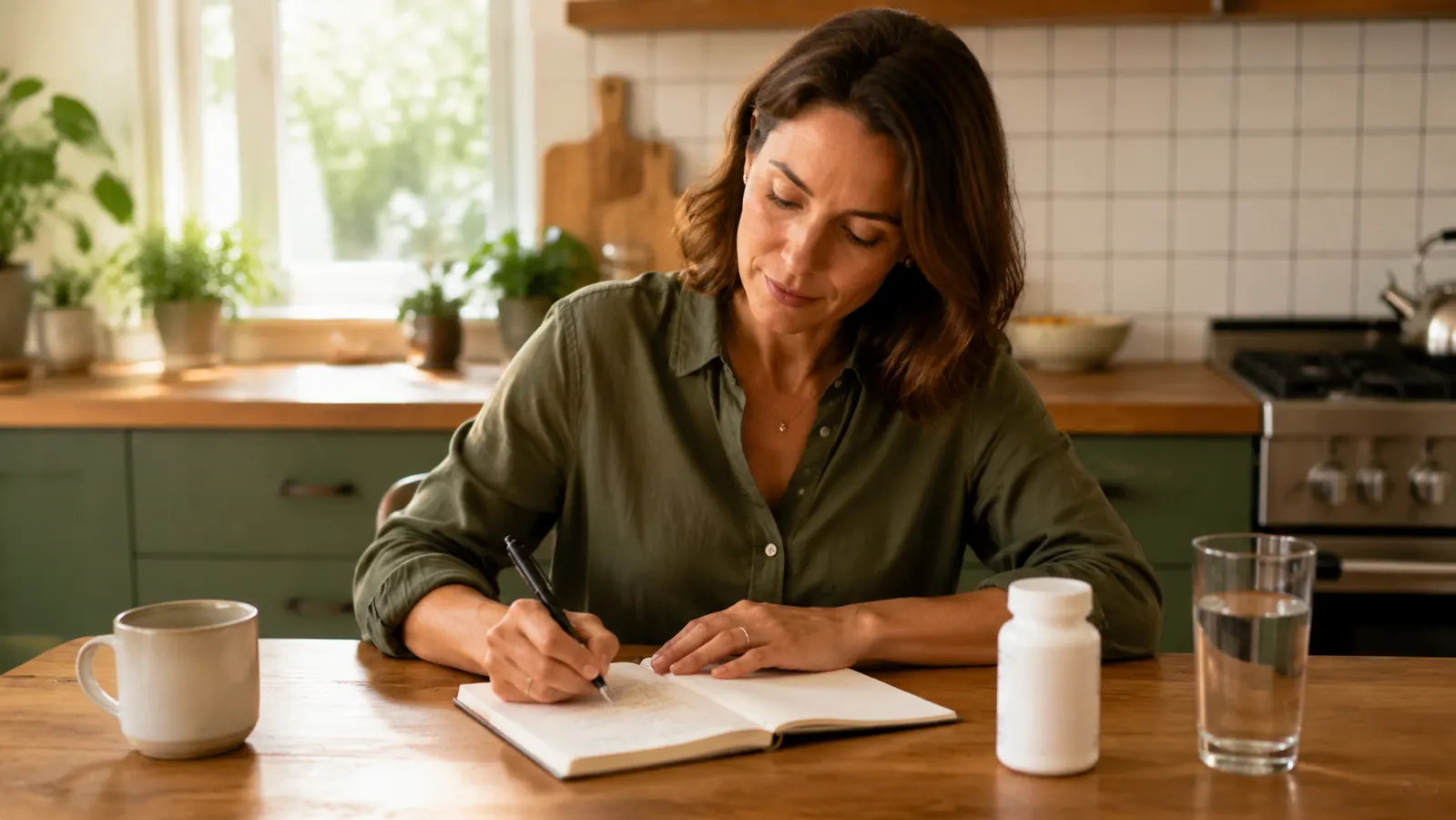 Woman at a kitchen table writing in a notebook with a supplement bottle and glass of water nearby, focused expression in warm morning light