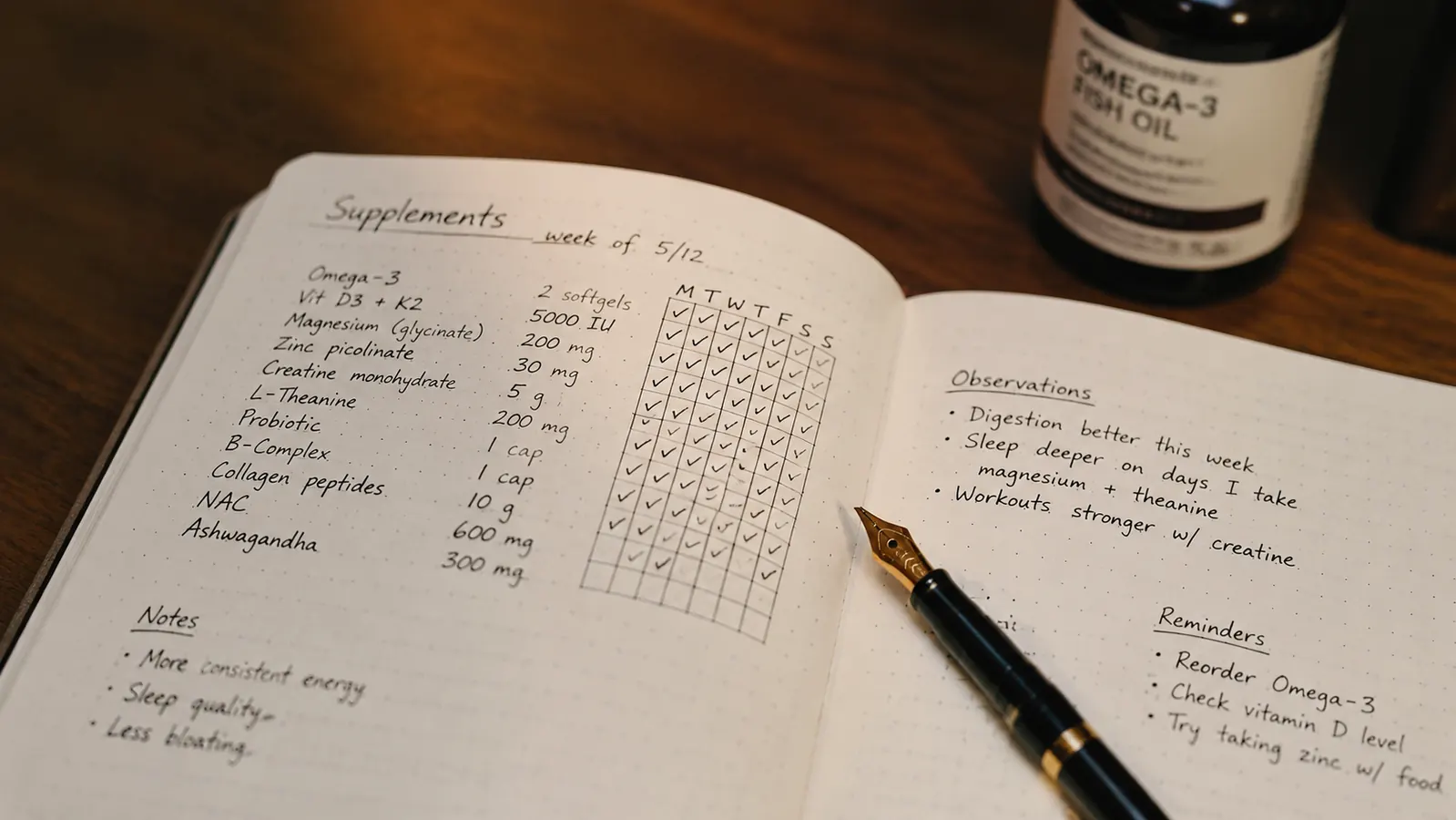 A journal open to a page with supplement notes written in ink, a pen resting across it, and a capsule bottle in the background