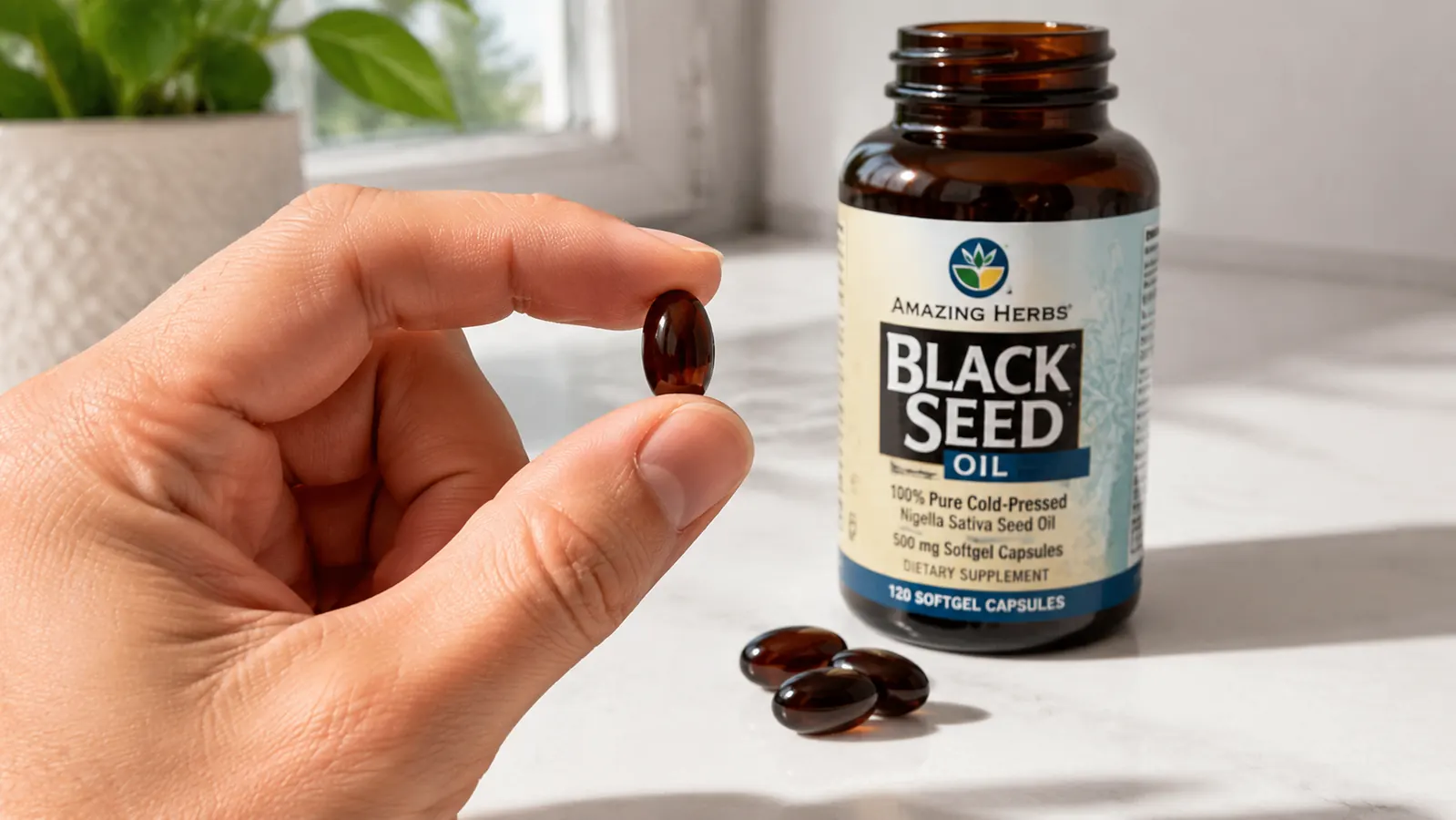 Hand holding an Amazing Herbs Black Seed Oil softgel capsule between thumb and forefinger against a natural-light background
