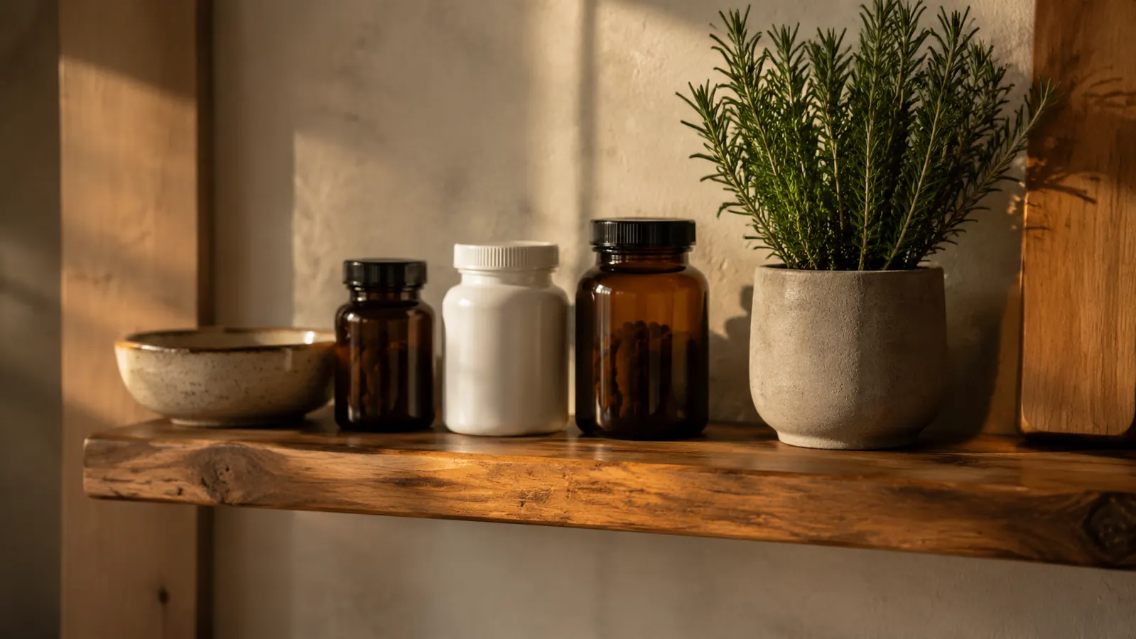 Small supplement bottles of black seed oil, turmeric, and vitamin D arranged on a wooden shelf beside a potted herb