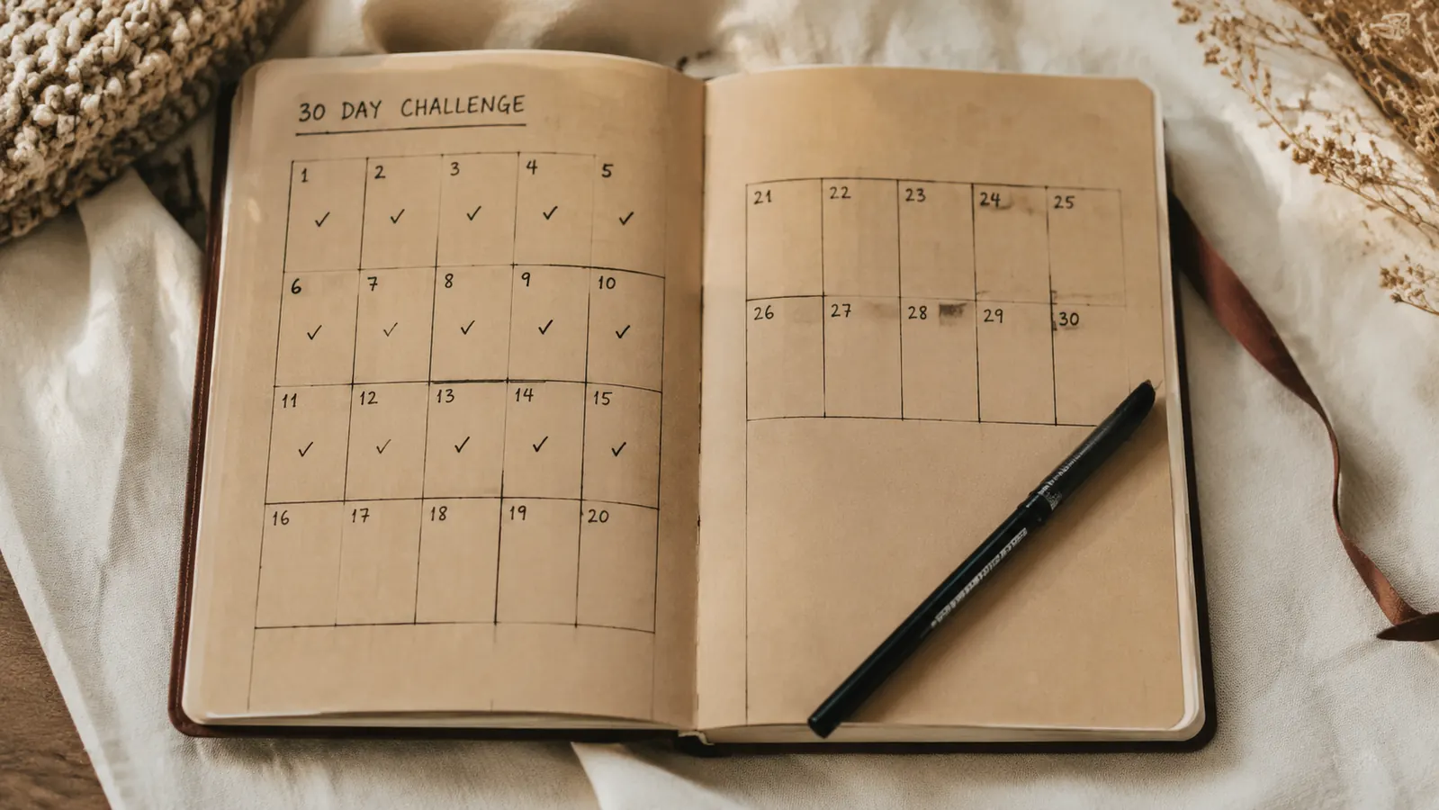 Open notebook flat on a table showing a simple 30-day supplement tracking log with handwritten check marks