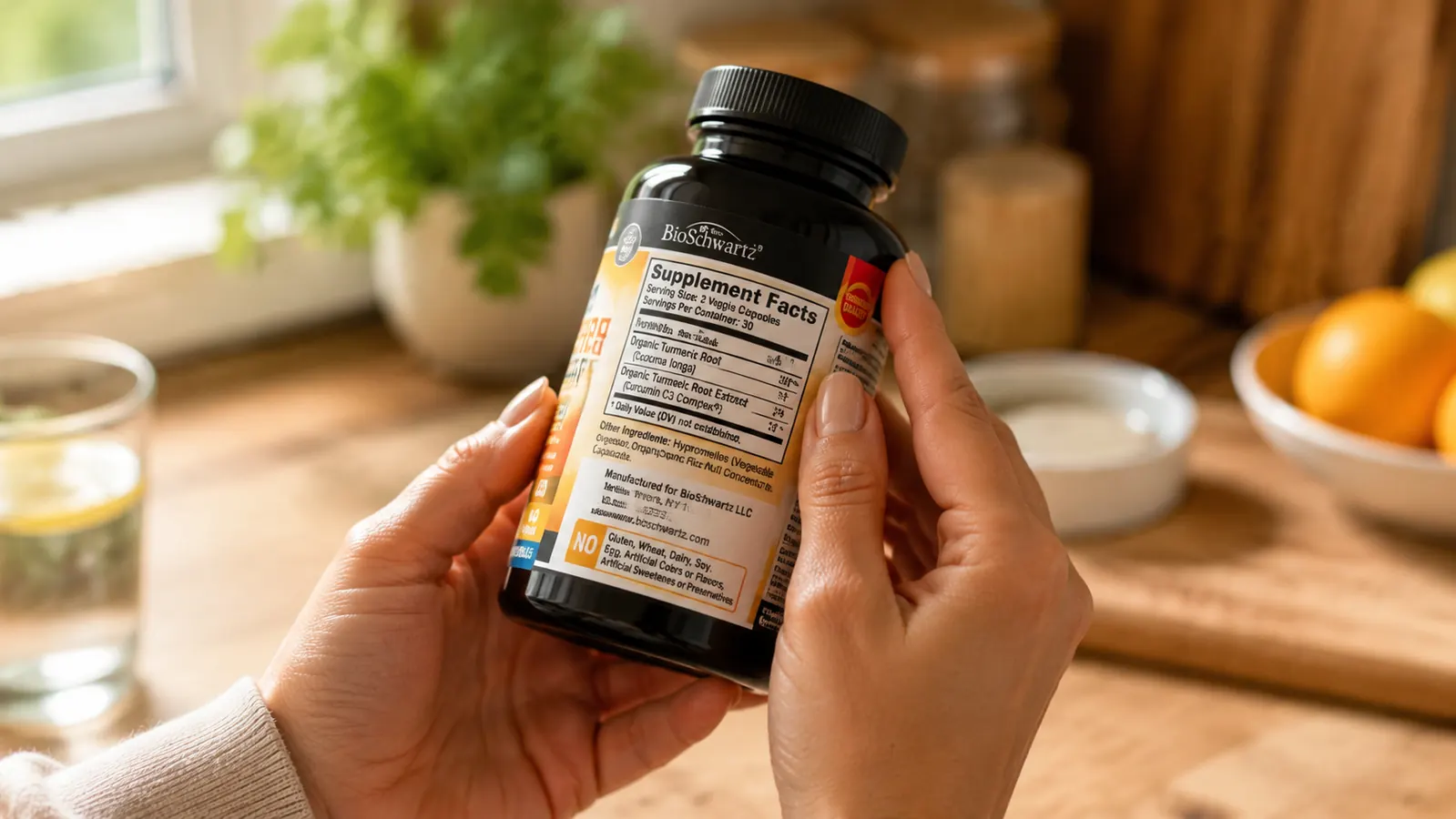 Hand holding a turmeric capsule supplement bottle while reading the Supplement Facts label