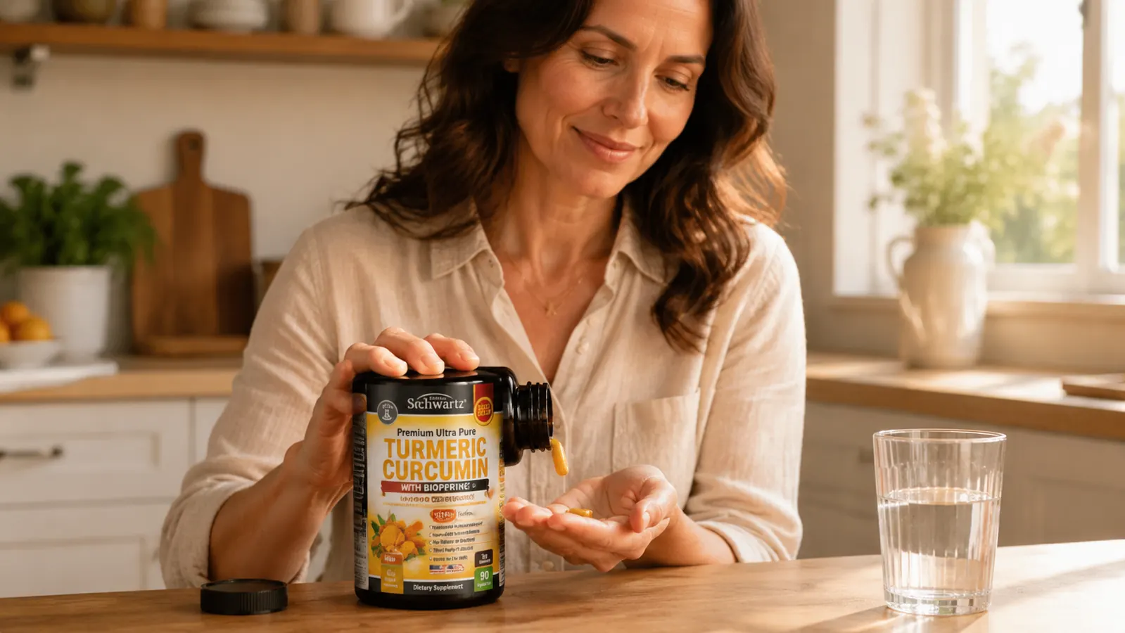 Person opening a turmeric supplement capsule bottle at a kitchen table with a glass of water