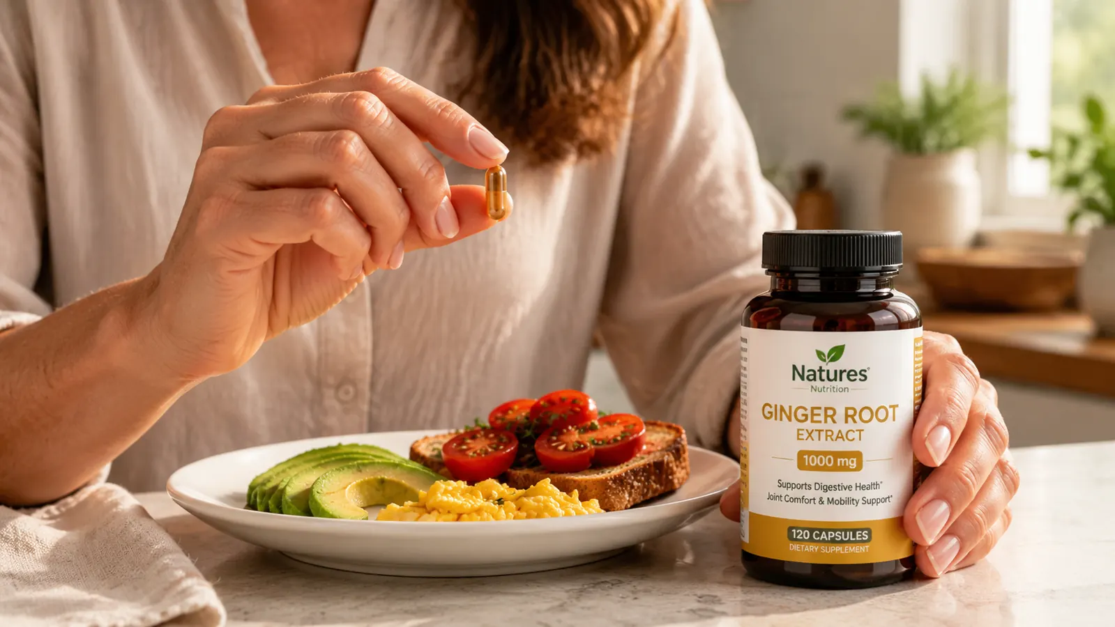 Hand holding a single supplement capsule over a breakfast plate with eggs and whole grain toast, stainless water glass in background