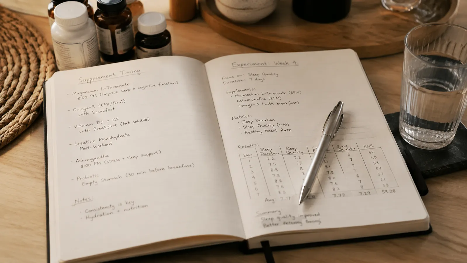 Open notebook with handwritten supplement log showing dosage and timing notes, pen resting beside it, herbal supplement bottle in background