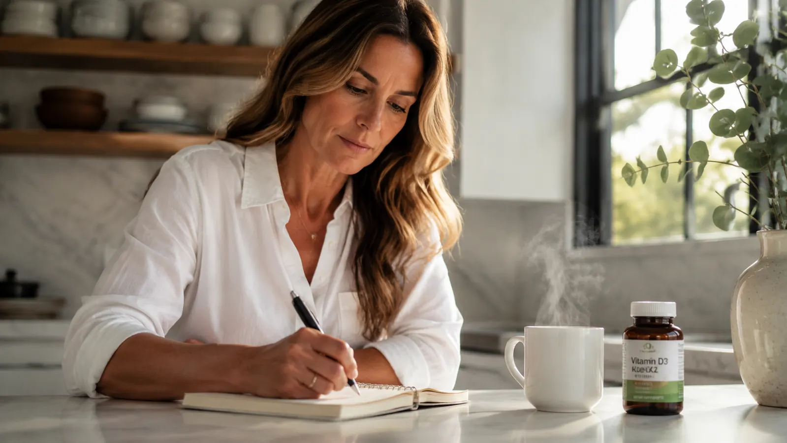 Woman writing in a wellness journal at a kitchen table with a supplement bottle and cup of herbal tea visible