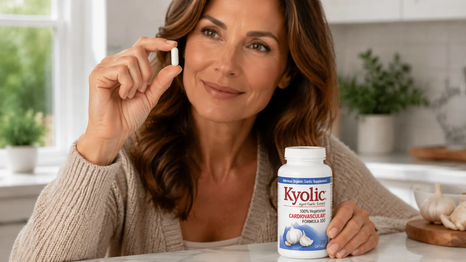 Hand holding a single white Kyolic Formula 100 capsule above an open palm, kitchen counter in background
