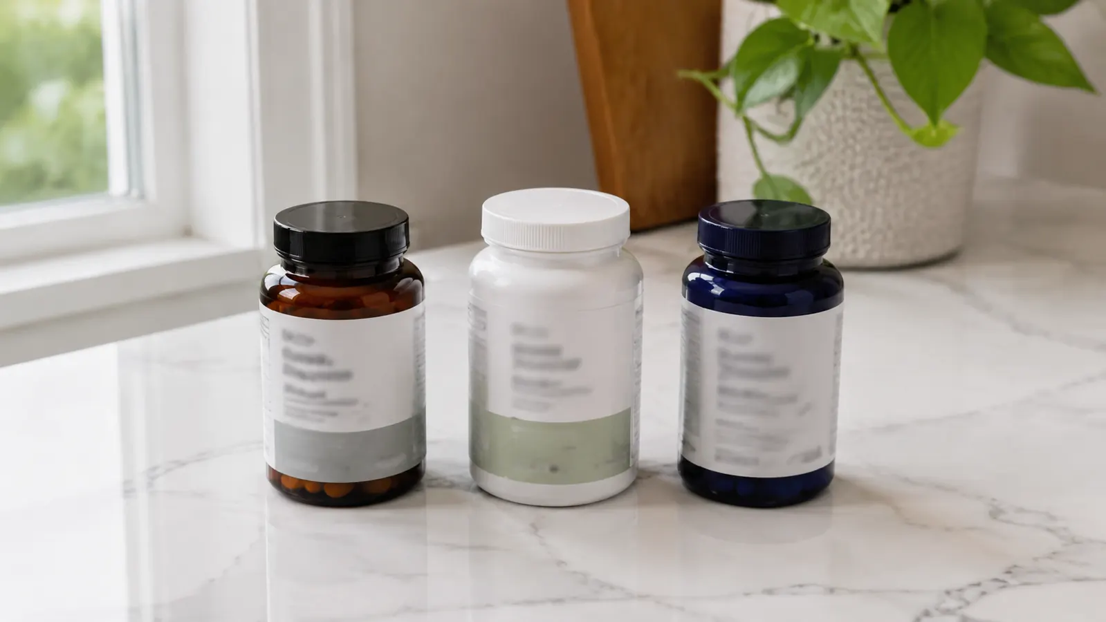 Three garlic supplement bottles lined up on a counter: Kyolic Formula 100, Nature's Bounty Odorless Garlic, and NOW Garlic