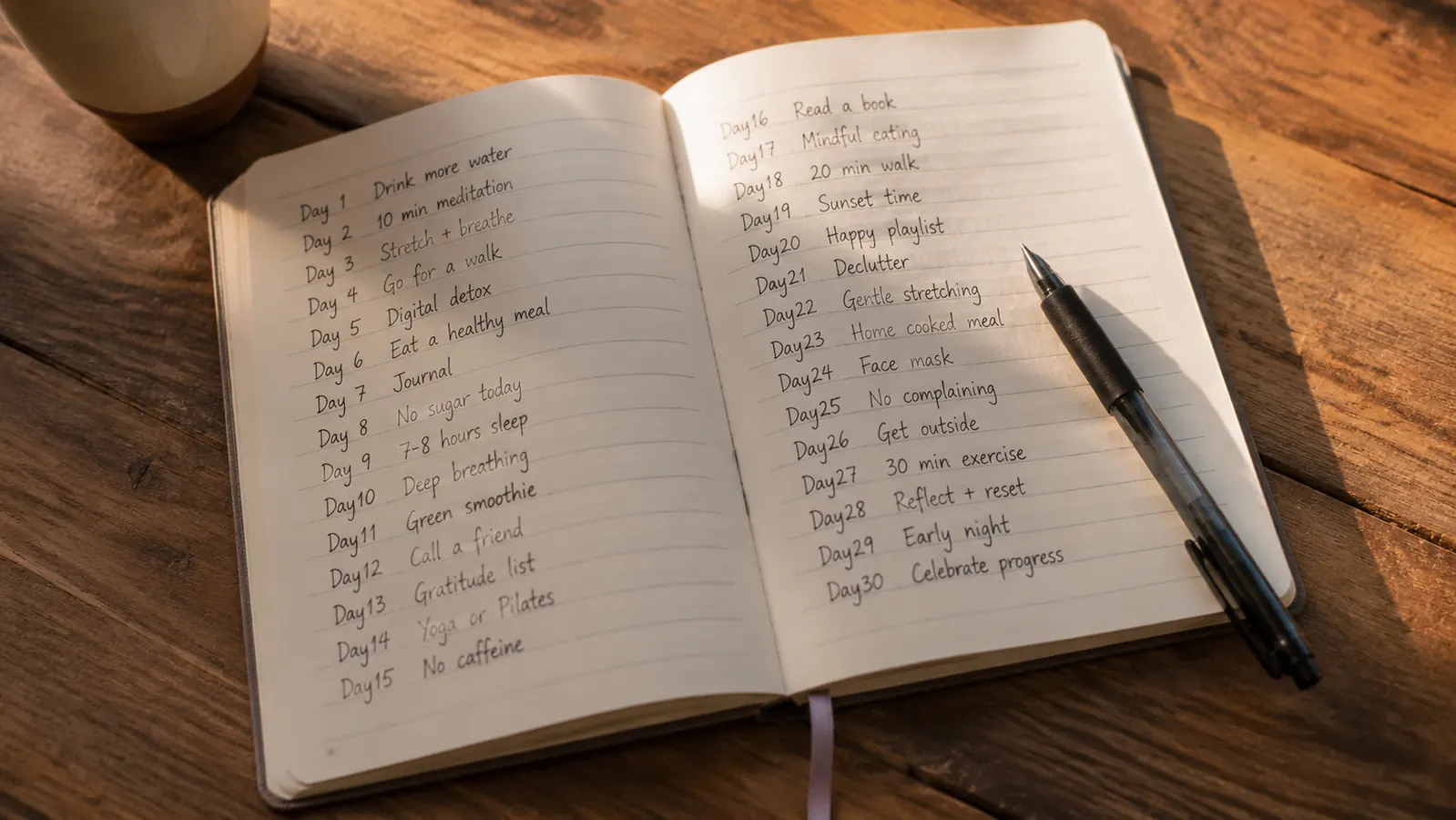 Open notebook page with handwritten 30-day supplement log tracking energy and immune notes