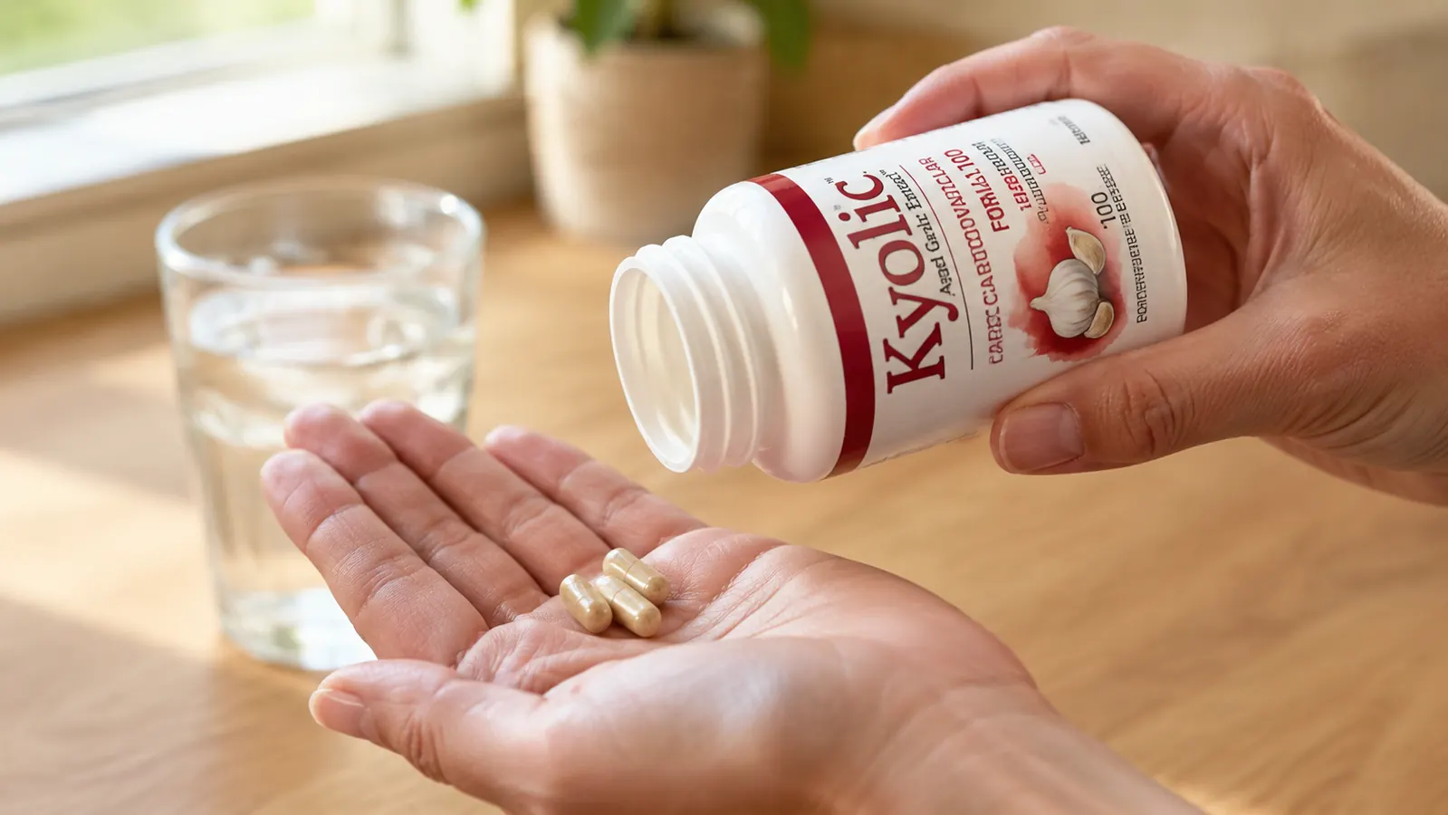 Hand opening a white supplement bottle and tapping two small beige capsules into a palm, glass of water visible in background on a kitchen counter
