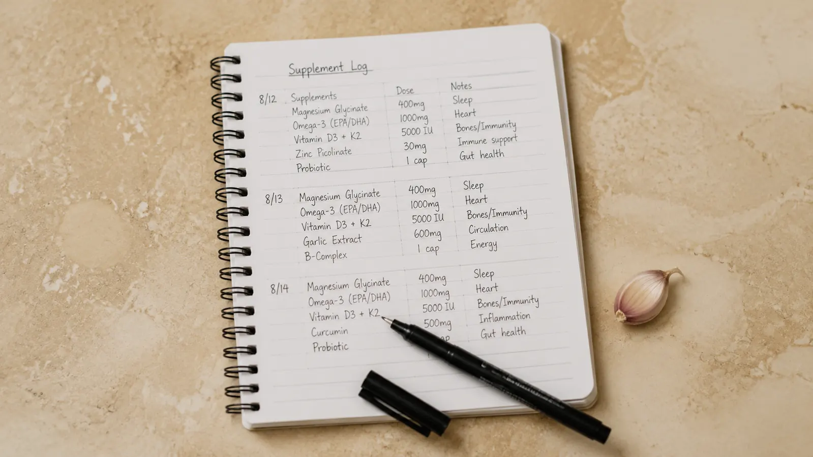Open notebook on a kitchen table with handwritten supplement notes, a pen, and a garlic clove resting beside the page