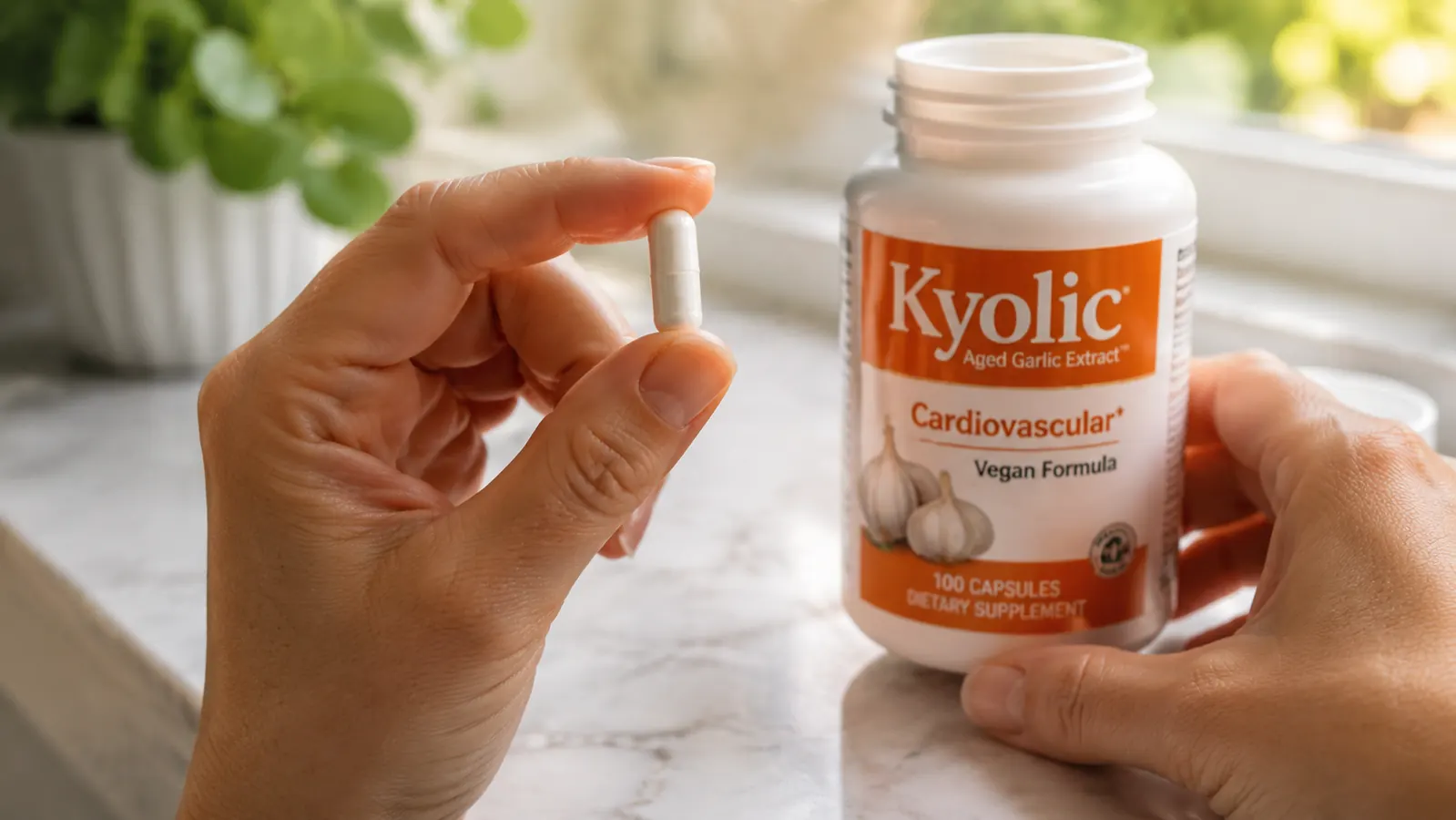 Hand holding a Kyolic Formula 100 capsule between thumb and forefinger, amber supplement bottle in soft focus behind it