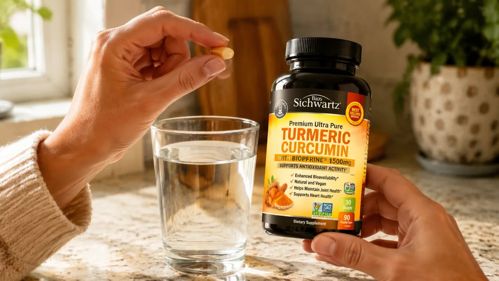 Hand holding a BioSchwartz turmeric capsule between thumb and forefinger above a glass of water, close-up