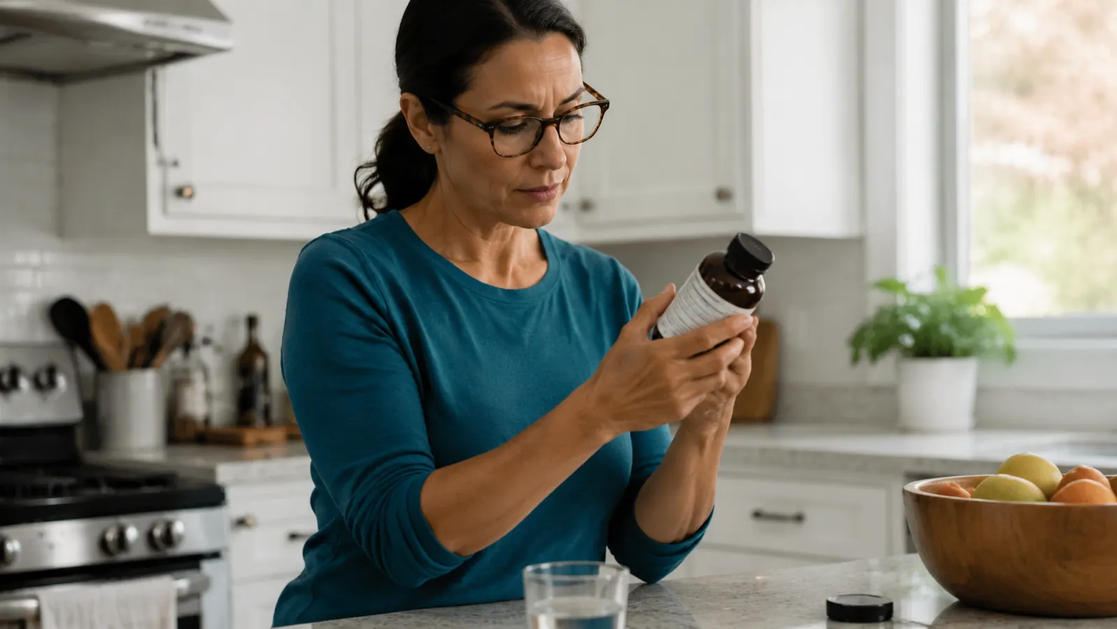 Woman reviewing supplement bottle label under good kitchen lighting with reading glasses on