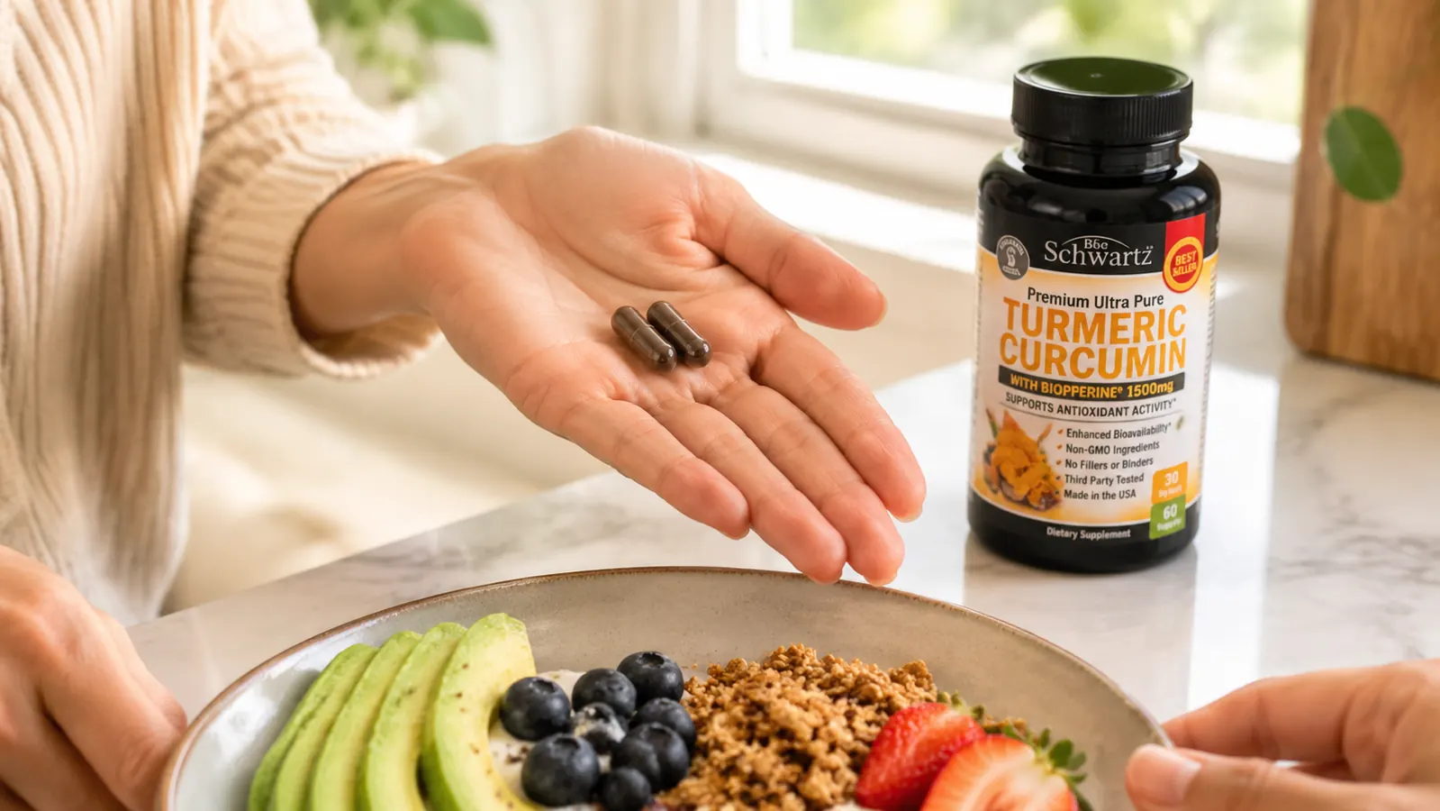Hand holding two turmeric curcumin capsules over a white breakfast plate with eggs and toast