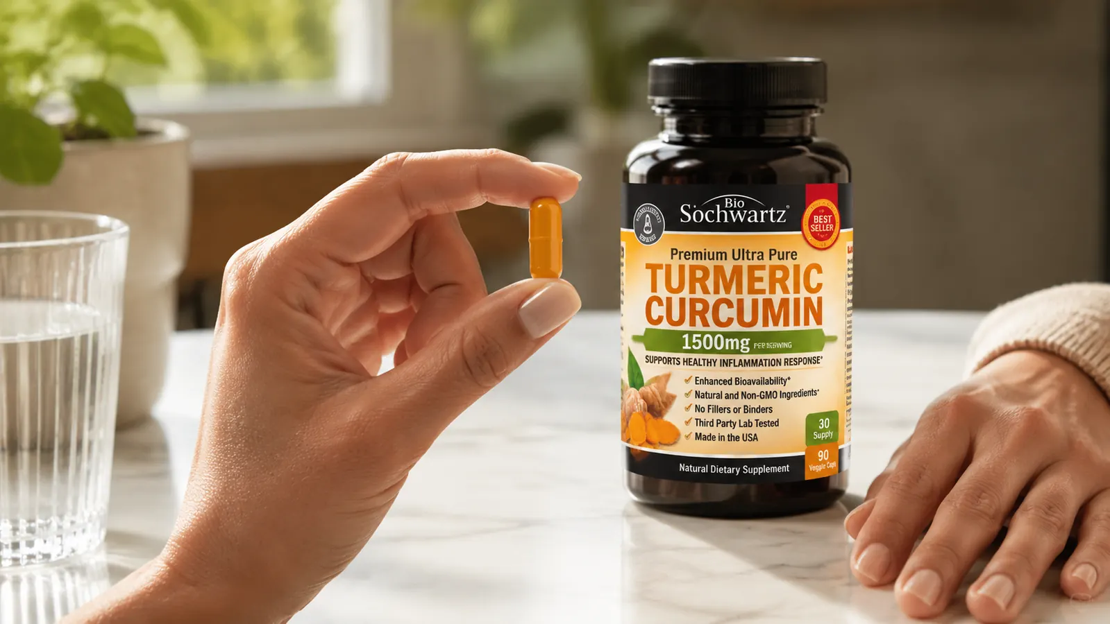 Close-up of a hand holding a turmeric curcumin capsule between thumb and forefinger, with the supplement bottle label visible in soft focus behind it