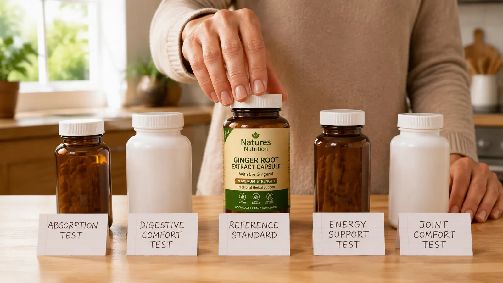Five different turmeric supplement bottles lined up on a kitchen counter with small handwritten labels in front of each