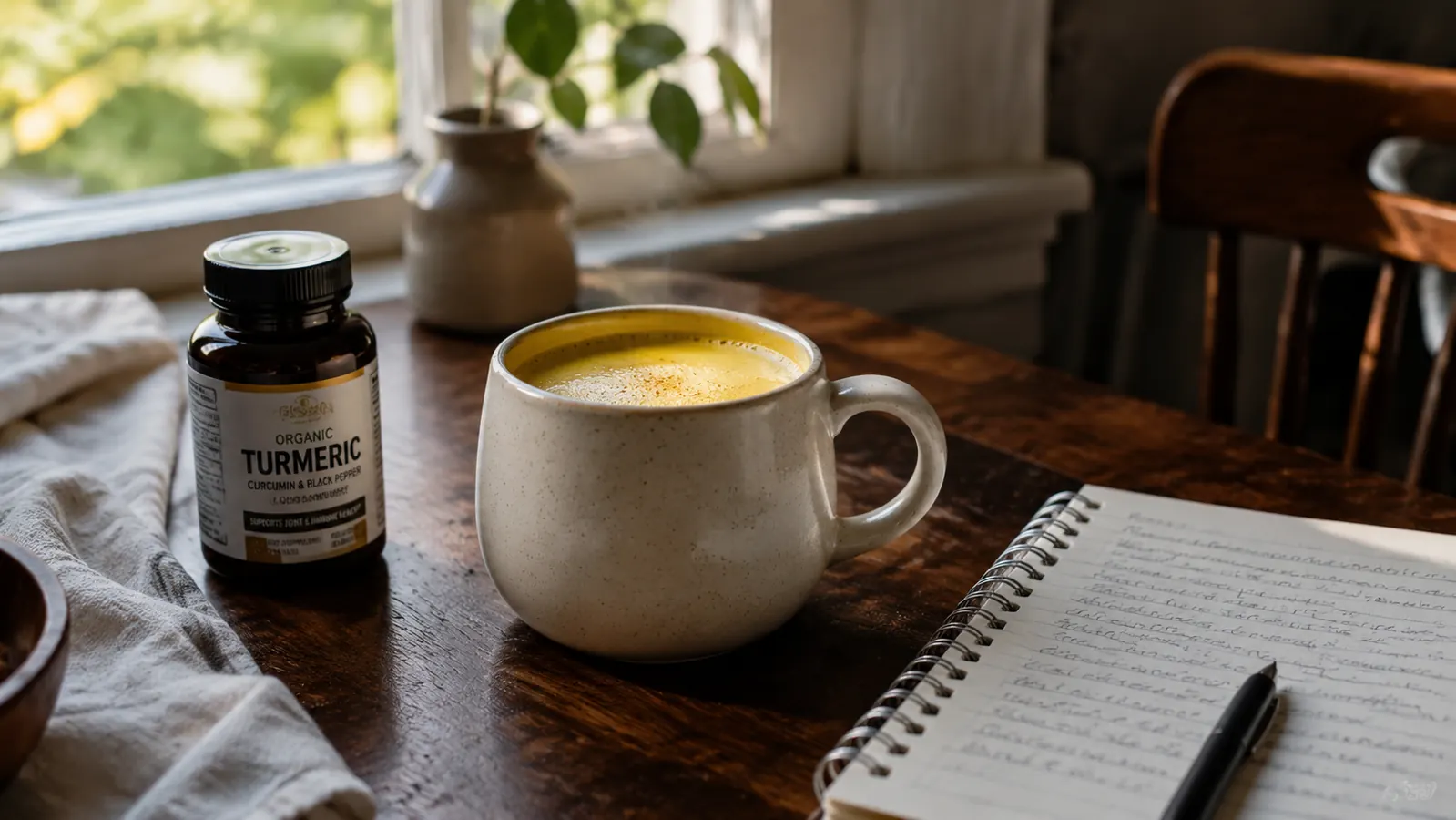 A ceramic mug of golden turmeric tea beside a supplement bottle and open notebook on a sunny kitchen table