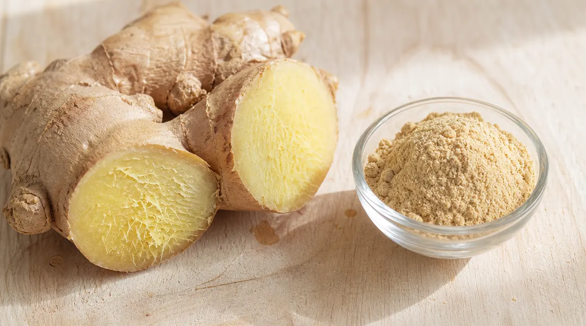 Ginger root cut in half beside a small glass dish of ground ginger powder showing the color and texture difference