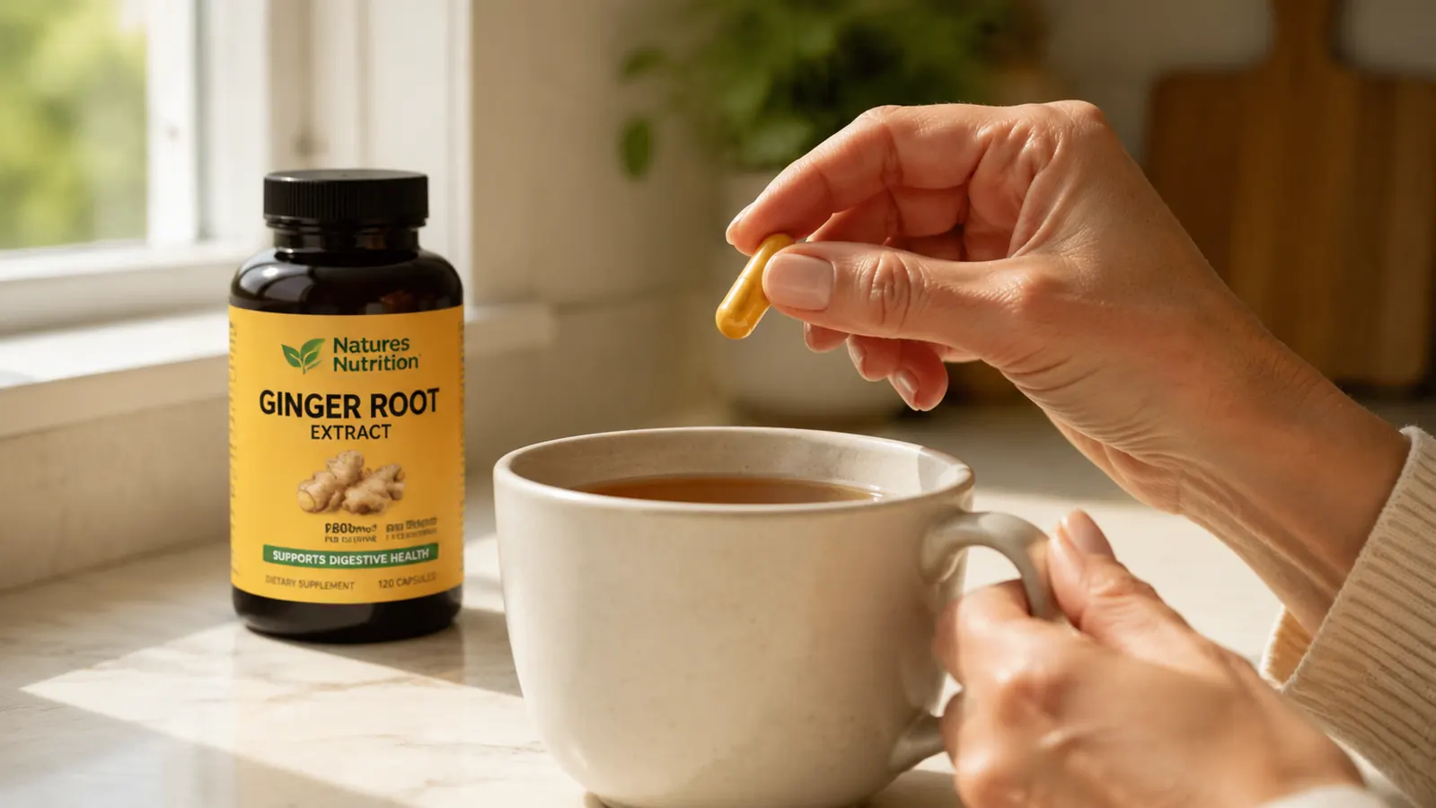 Hand holding a single turmeric-ginger-BioPerine capsule over a bowl of morning tea, close-up