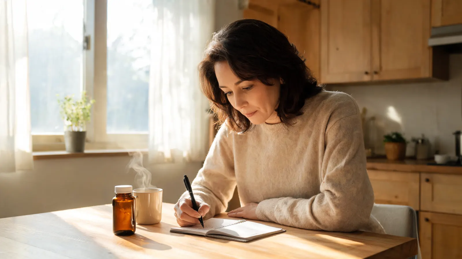 Woman writing in a notebook at a kitchen table with a single supplement bottle and a cup of tea beside her