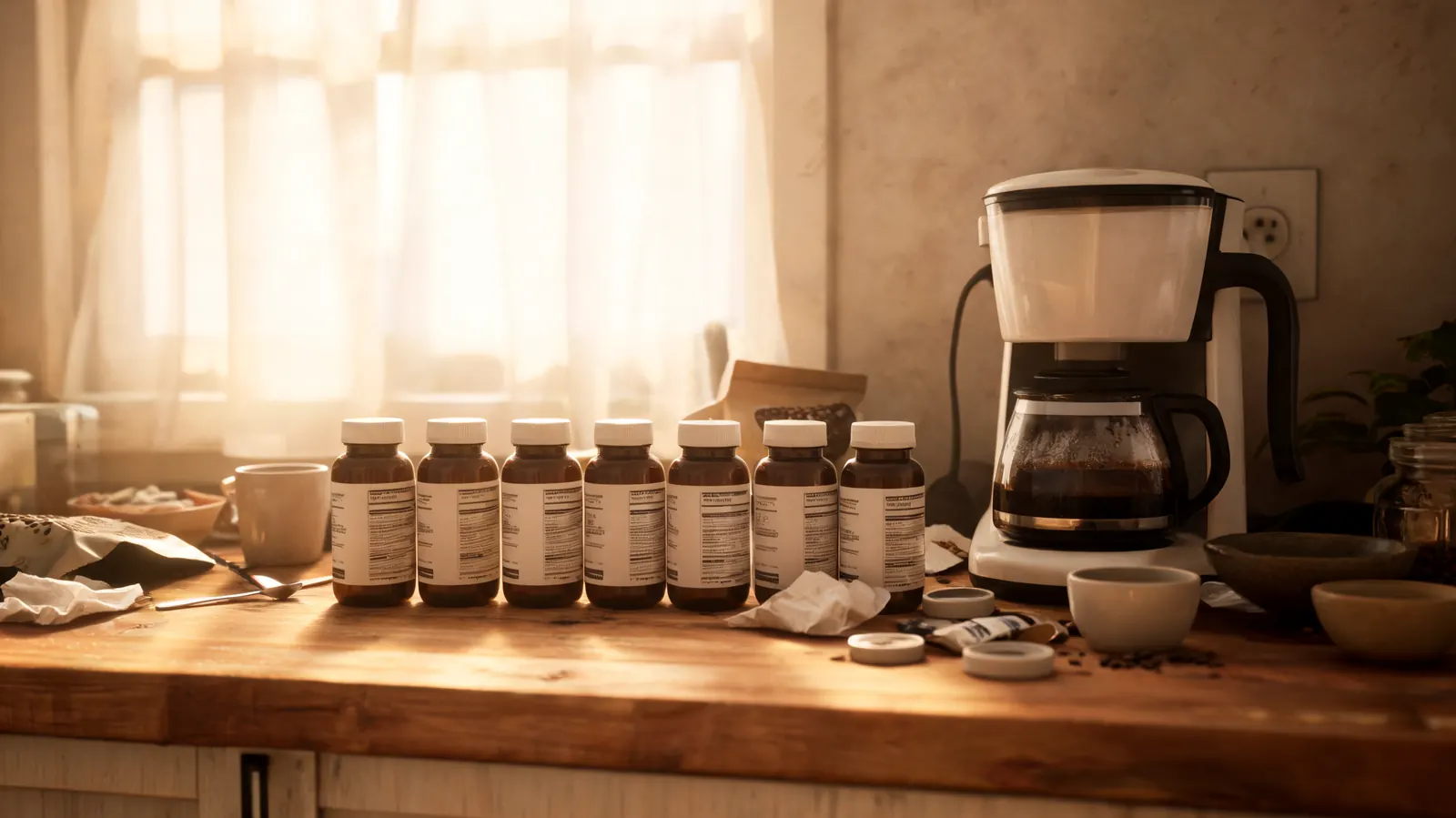 Kitchen counter with six brown supplement bottles in a cluttered row, morning light coming through a window