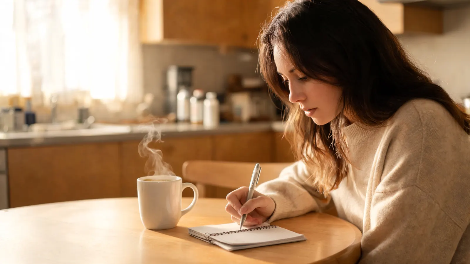 Woman writing in a small notebook at a kitchen table with a cup of tea and supplement bottles in the background